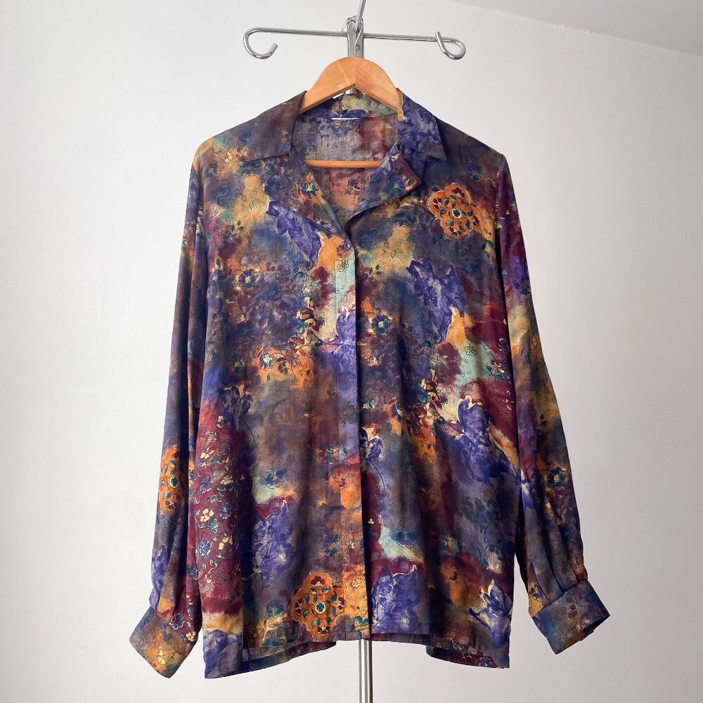 🍂 80s Vintage Purple Orange Abstract Trippy Floral Pattern Long Puffy Sleeves